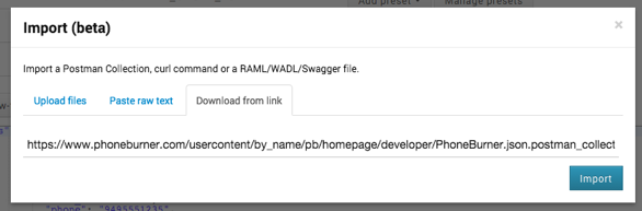 Postman import modal with download from link